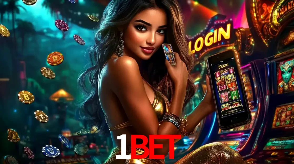Mulher em um cenário de cassino temático de aventura, mostrando o app de caça-níqueis da 1BET no celular. Fichas de apostas flutuam ao redor.