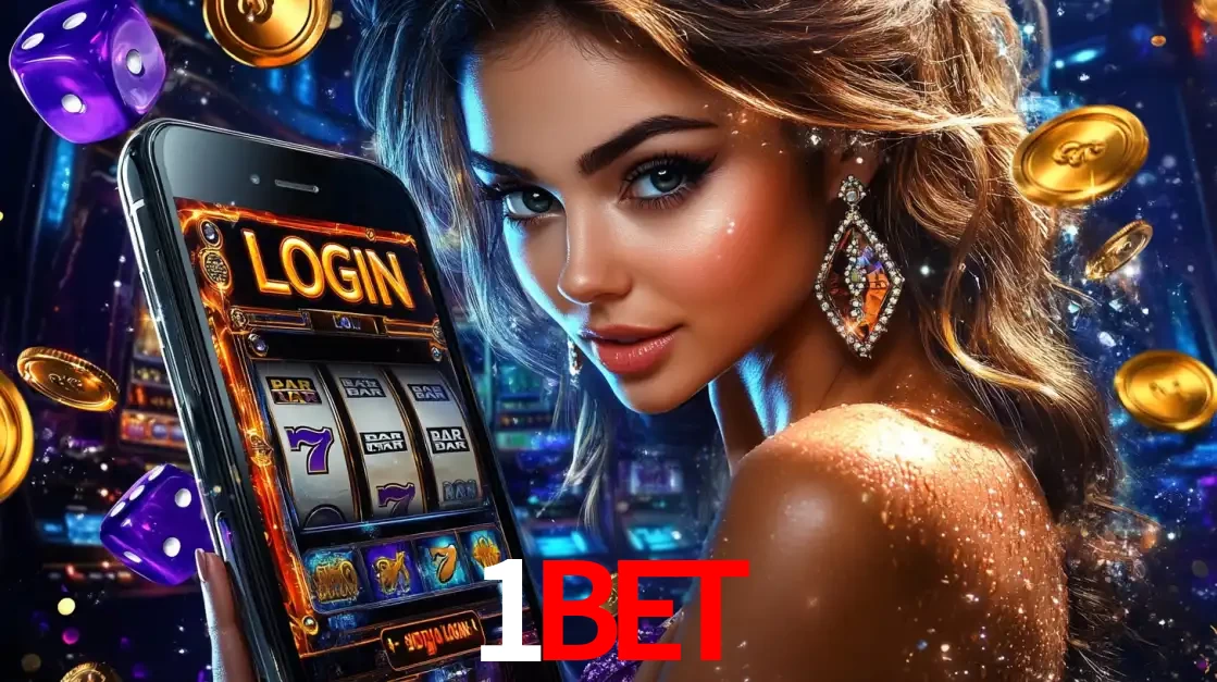 Mulher glamorosa segurando um smartphone com a tela de login para os jogos de caça-níqueis do cassino online 1BET, com moedas de ouro e dados ao redor.