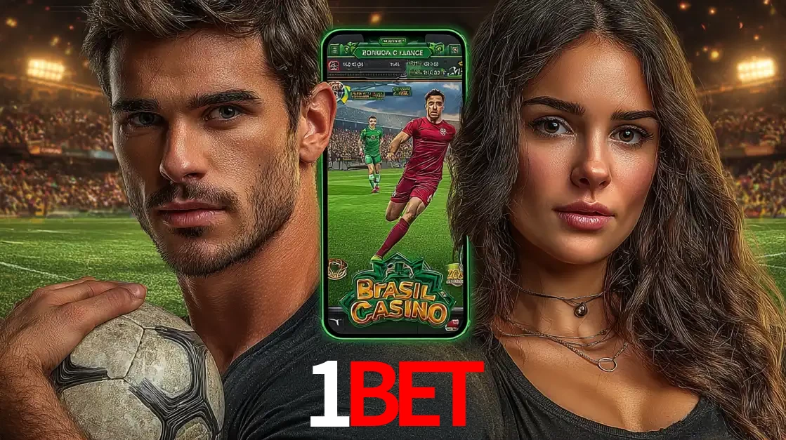 Homem segurando uma bola de futebol e uma mulher ao lado de um smartphone exibindo o jogo de apostas esportivas da 1BET. Faça seu palpite no cassino online.
